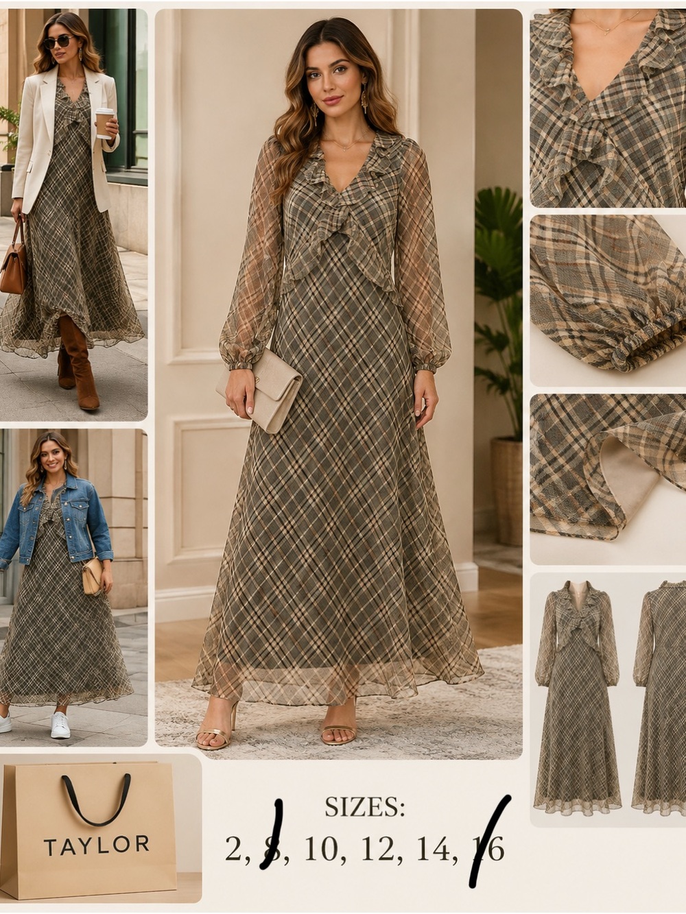 Taylor Olive Tan Plaid Ruffle V-Neck Maxi Dress